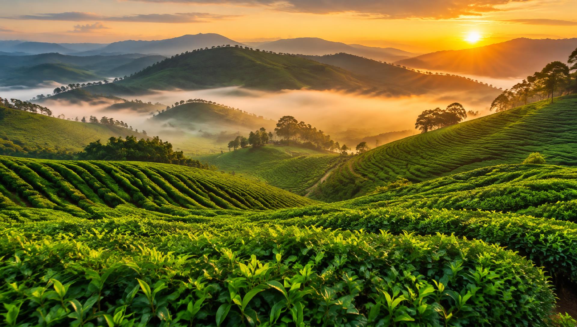 Tea plantation hills at sunrise